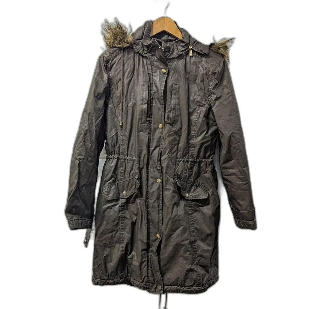 Y2K Michael Kors Brown Cotton Puffer Coat Faux Fur Hood Cinched Waist Small